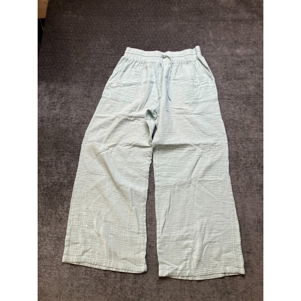 Style & Co Crinkle Pants Womens Medium Light Green Cotton Wide Leg Drawstring
